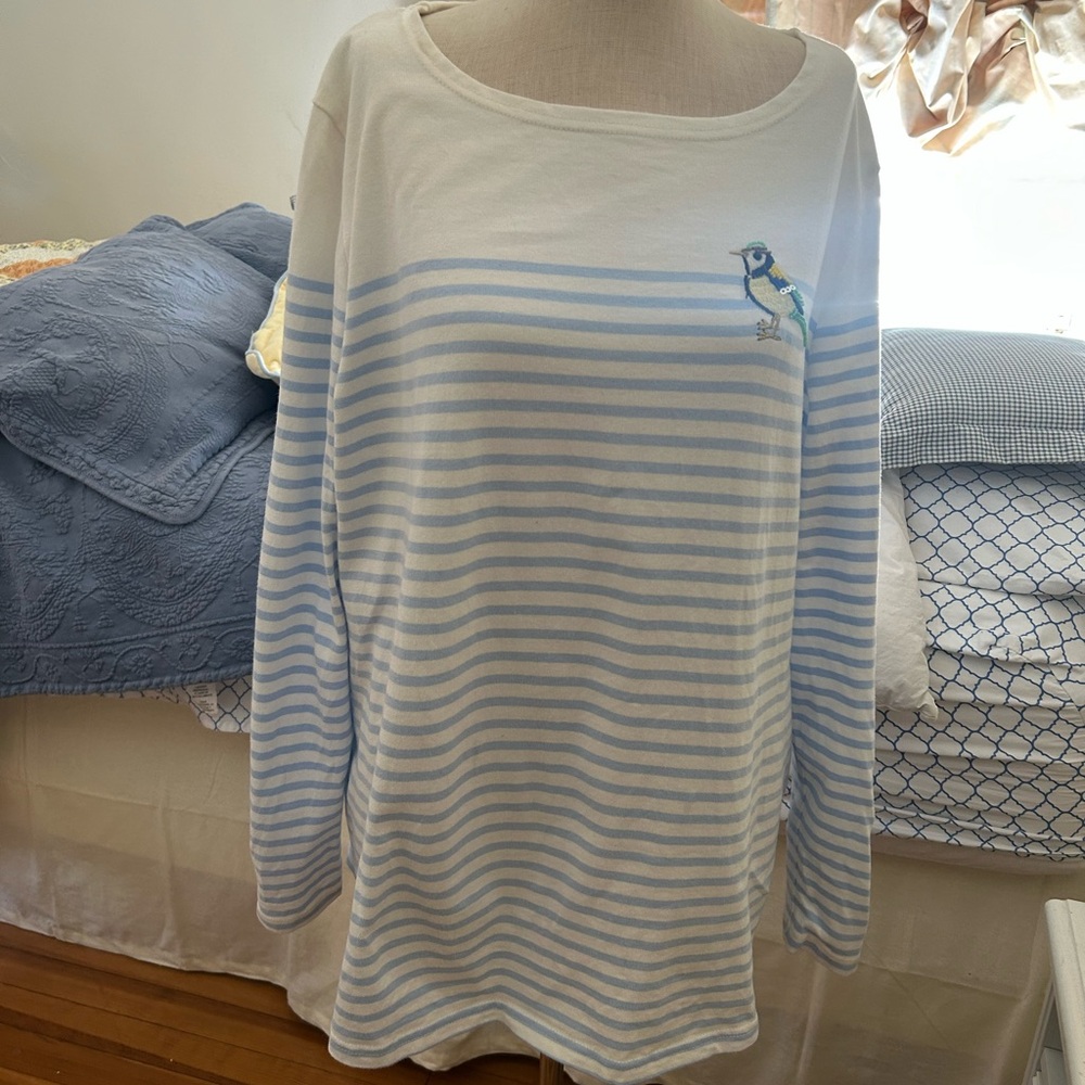Joules White and Light Blue Striped Long Sleeve Top with Bird Embroidery